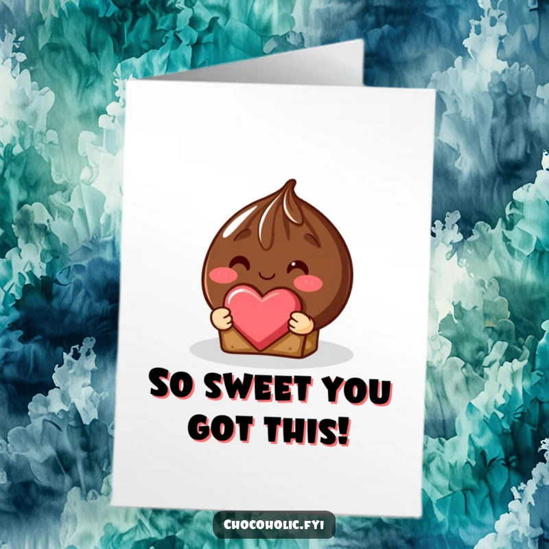 Funny Free Printable Congrats Card featuring a chocolate truffle with a rosy blush shyly presenting a heart-shaped treat.