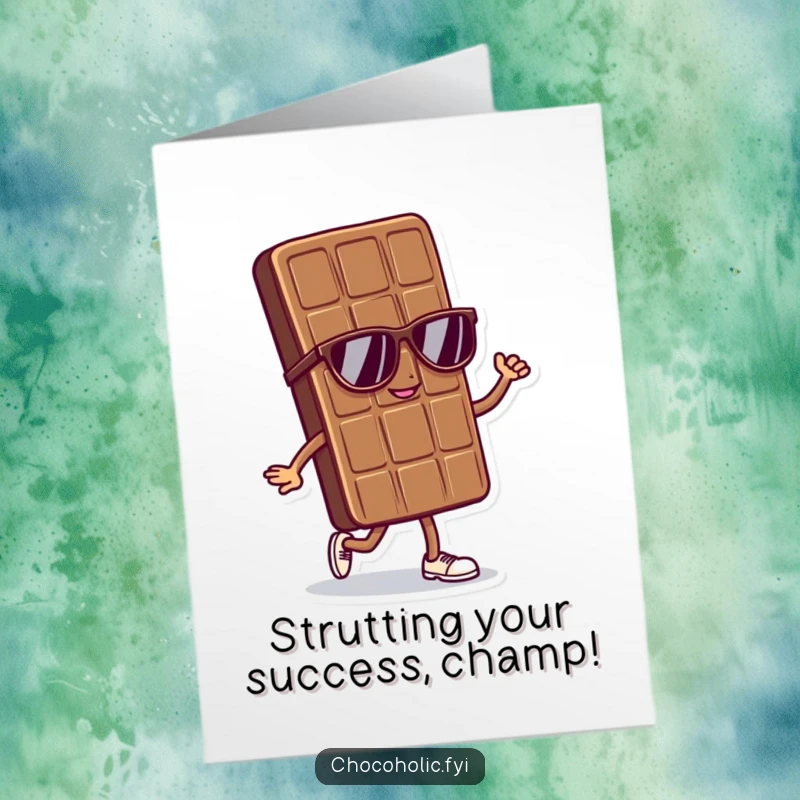 Funny Free Printable Congratulations Card: A chocolate bar character wearing sunglasses, strutting confidently to celebrate an achievement.