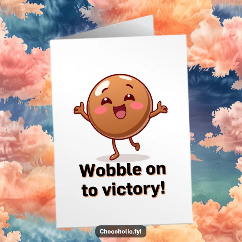 Funny Free Printable Congratulations Card showing a round chocolate candy in a hilarious, wiggly wobble dance pose.