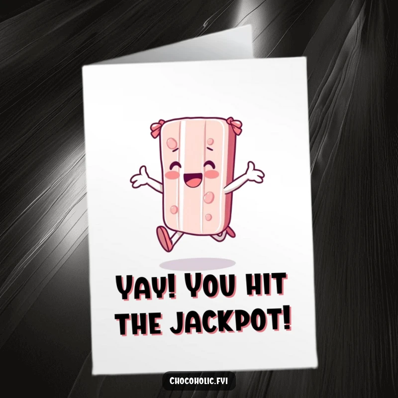 Funny Free Printable Congrats Card: A kawaii candy bar character skipping gleefully, arms outstretched in a joyous celebration of their win.