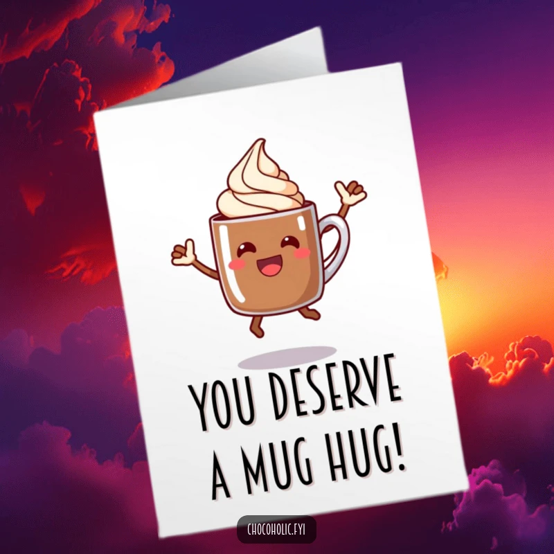 Funny Free Printable Congrats Card showing a happy chocolate mug character with cream doing an excited celebratory jump.