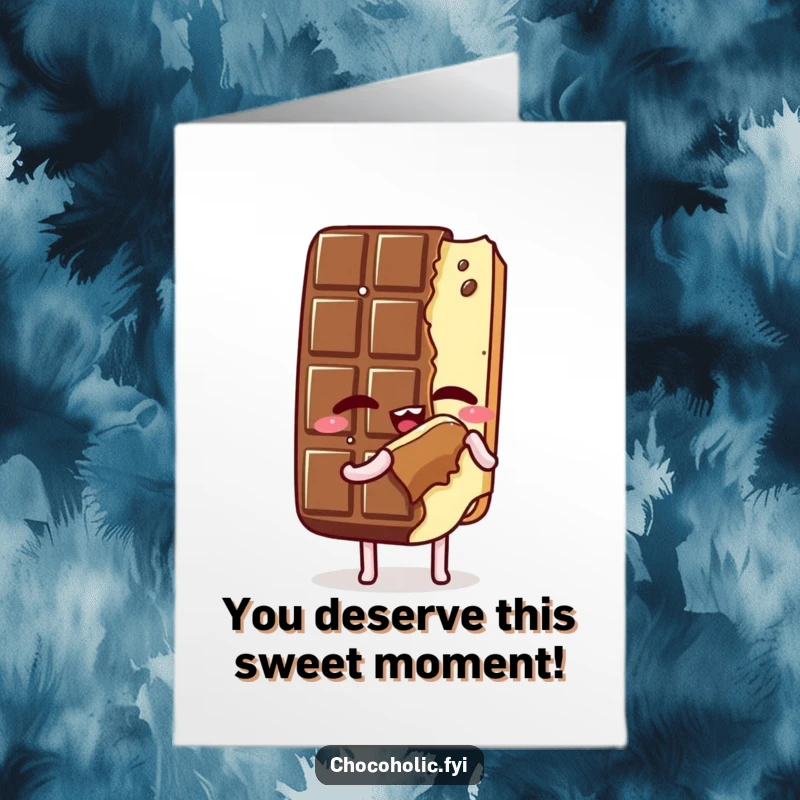 Funny Free Printable Congratulations Card: A kawaii chocolate bar character savoring a bite of itself with eyes closed.