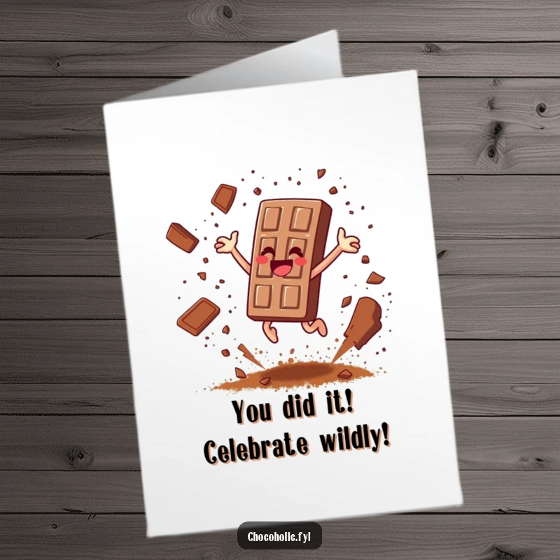 Free Printable Congratulations Card: Chocolate bar character leaping with joy, scattering cocoa powder like confetti.