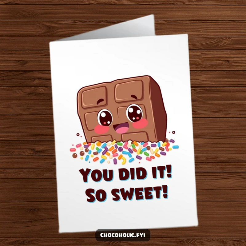 Funny Free Printable Congrats Card: Excited chocolate bar character joyfully diving headfirst into a pile of colorful sprinkles.
