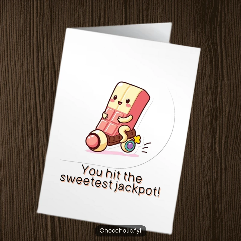 Funny Free Printable Congrats Card: A kawaii chocolate bar celebrates victory by riding a gumball, spreading cheer.