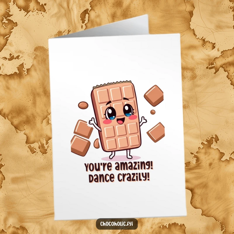 Free Printable Congratulations Card: Chocolate bar character with wide, delighted eyes doing a silly, happy dance.