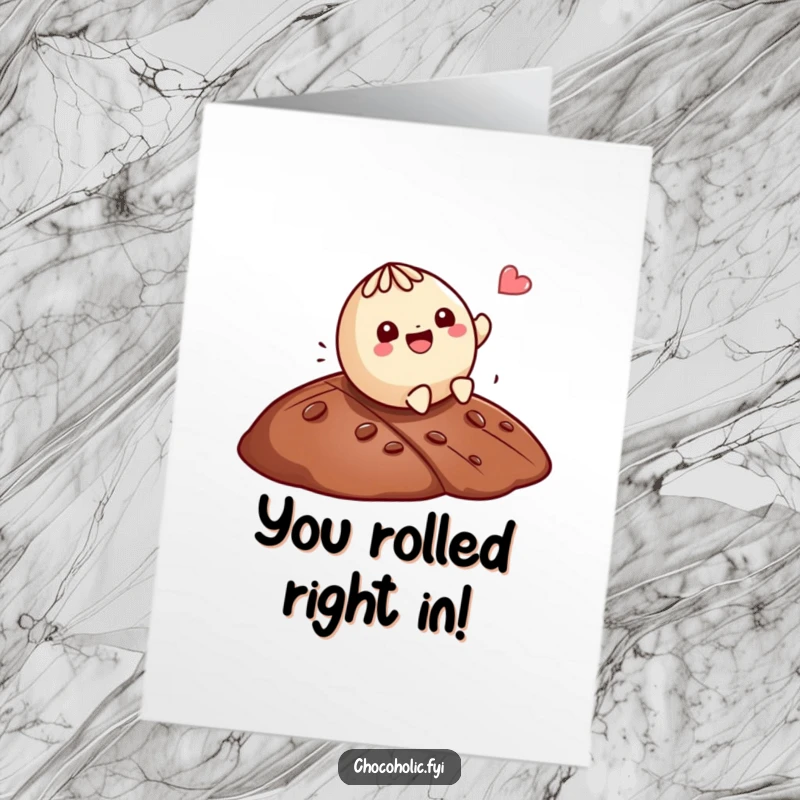 Funny Free Printable Congrats Card: Playful Kawaii truffle character rolls with glee down a chocolate hill, celebrating your success.