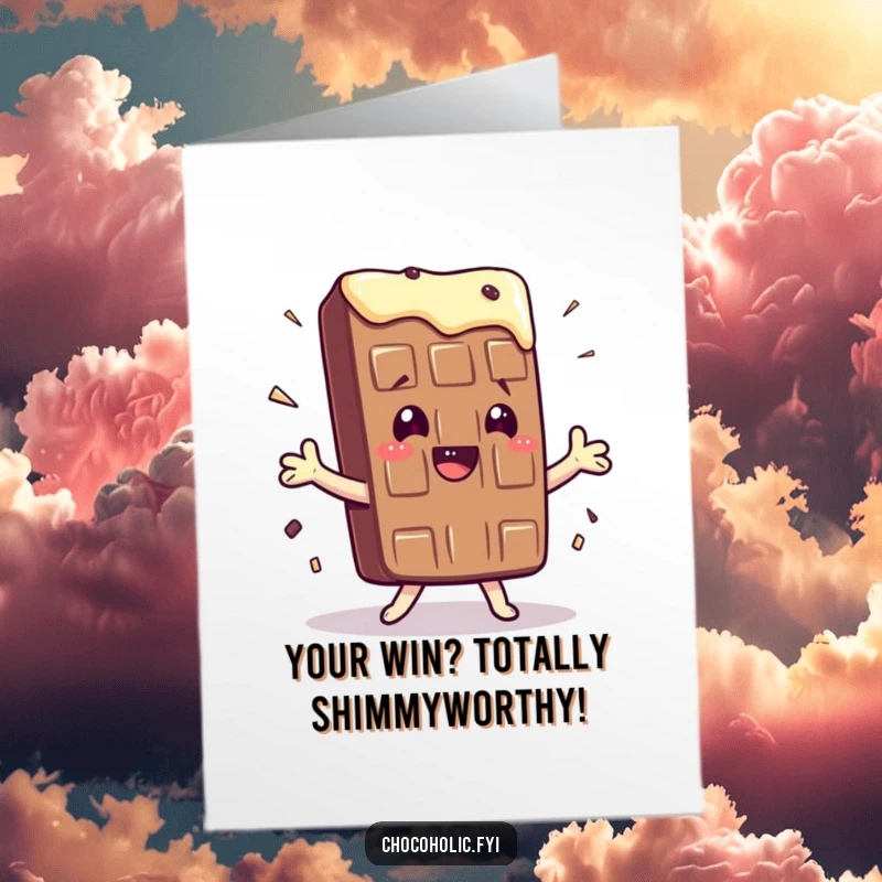 Funny Free Printable Congrats Card: Kawaii chocolate bar character doing a silly, exaggerated shimmy to celebrate achievements.