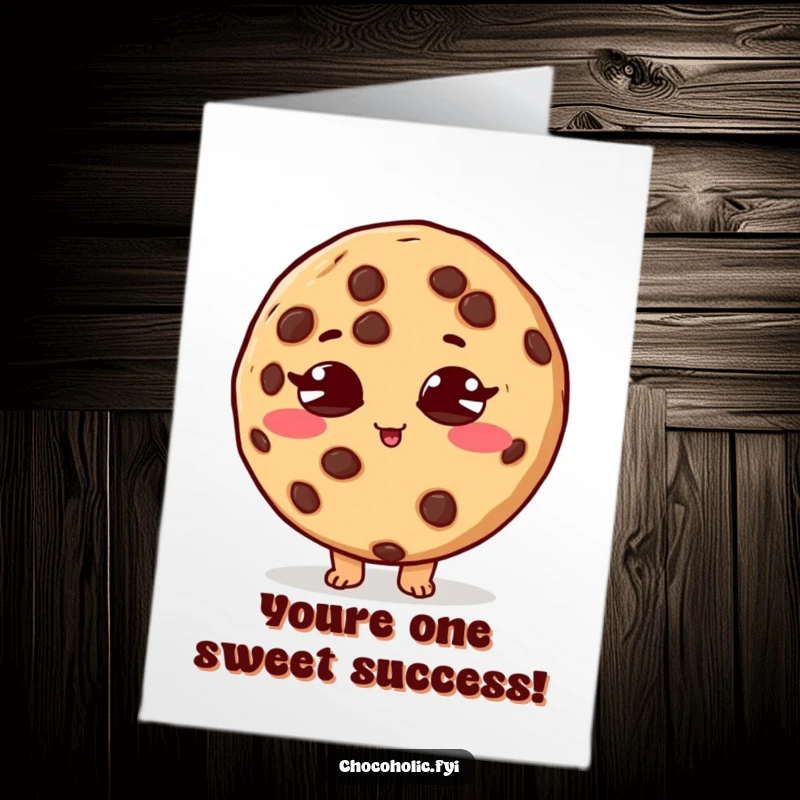 Funny Free Printable Congratulations Card: A chocolate chip cookie character with crossed eyes, buzzing with sugar-fueled excitement.