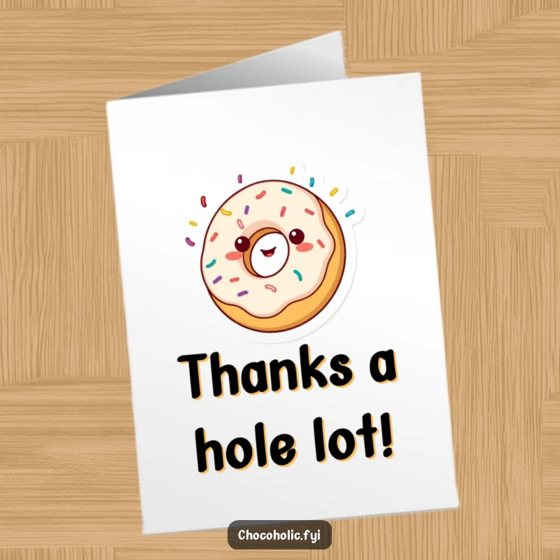 Funny Free Printable Thank You Card: A spinning kawaii donut character with sprinkles flying, expressing happy thanks.