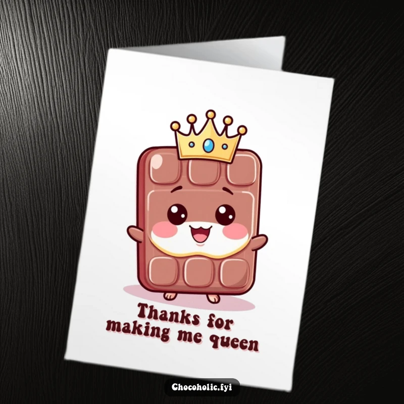 Funny Free Printable Thank You Card: A kawaii chocolate bar wears a crown and smiles proudly, expressing thanks.