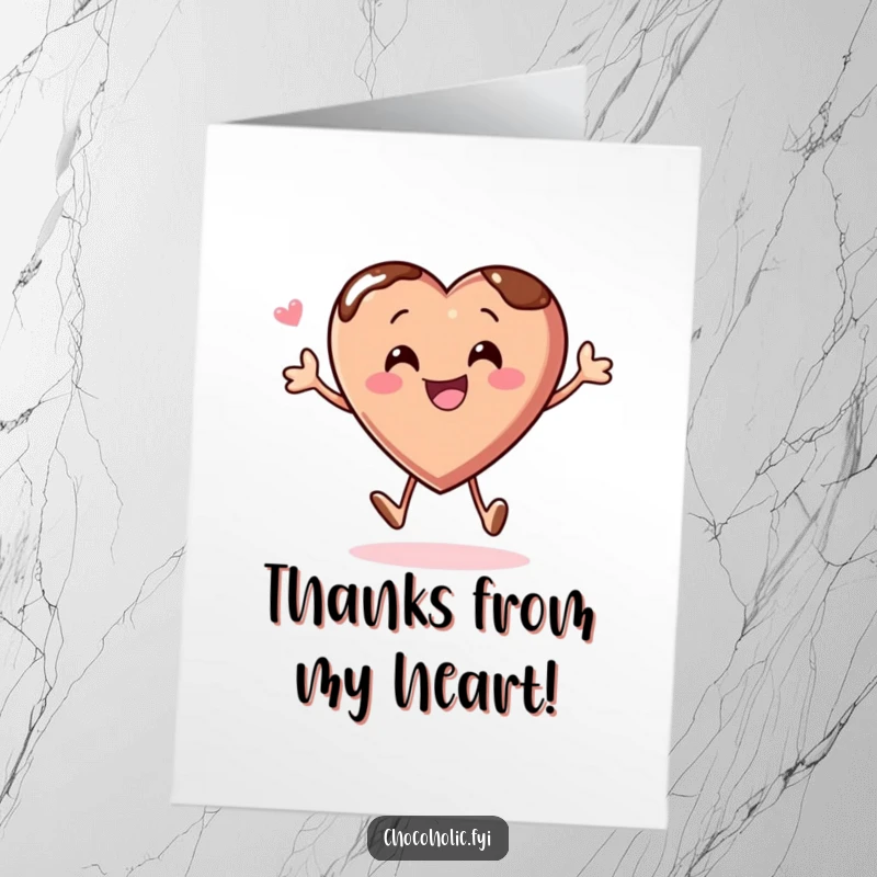 Funny Free Printable Thank You Card: A chocolate heart character bouncing with glee, radiating warmth and appreciation.