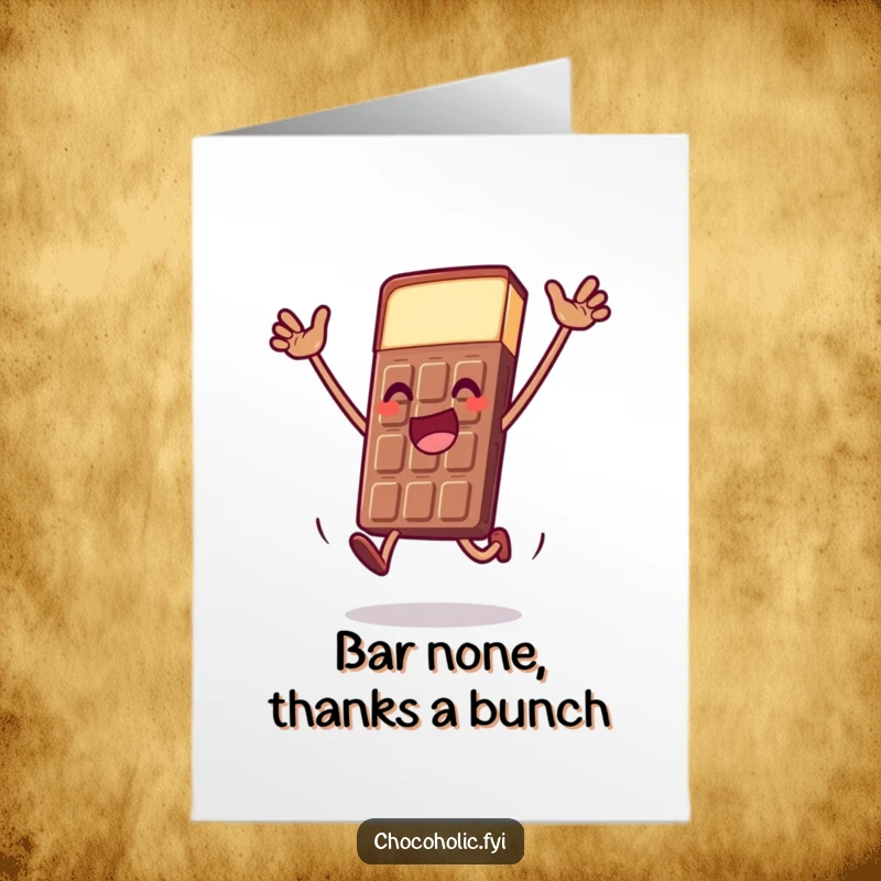 Funny Free Printable Thank You Card featuring a chocolate bar character in a bold, joyful leap of gratitude.