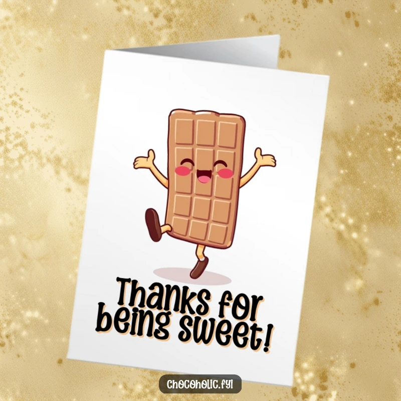 Funny Free Printable Thank You Card: A chocolate bar character happily cartwheeling, conveying thanks with energetic and sweet motion.