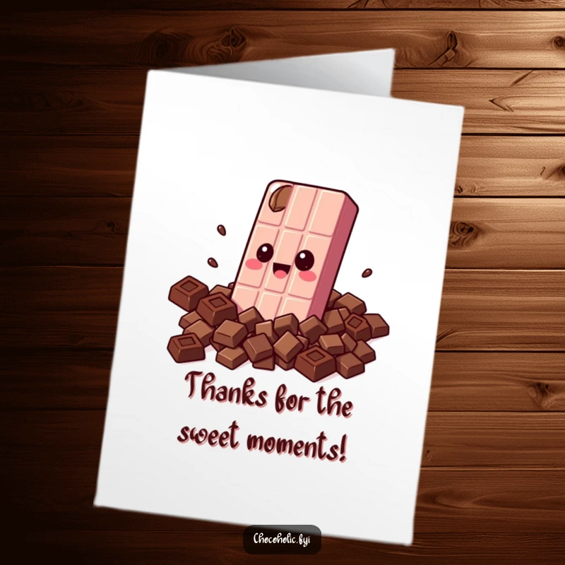 Funny free printable thank you card of a kawaii chocolate bar character joyfully wrapped in smaller chocolates.