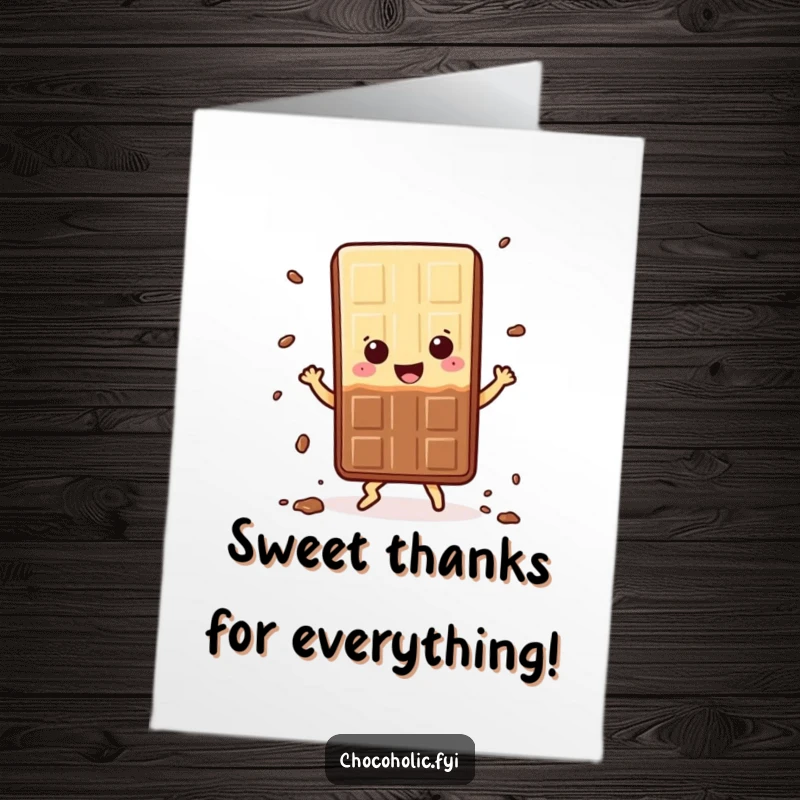 Funny Free Printable Thank You Card: A kawaii chocolate bar character performs a happy dance, dropping crumbs.