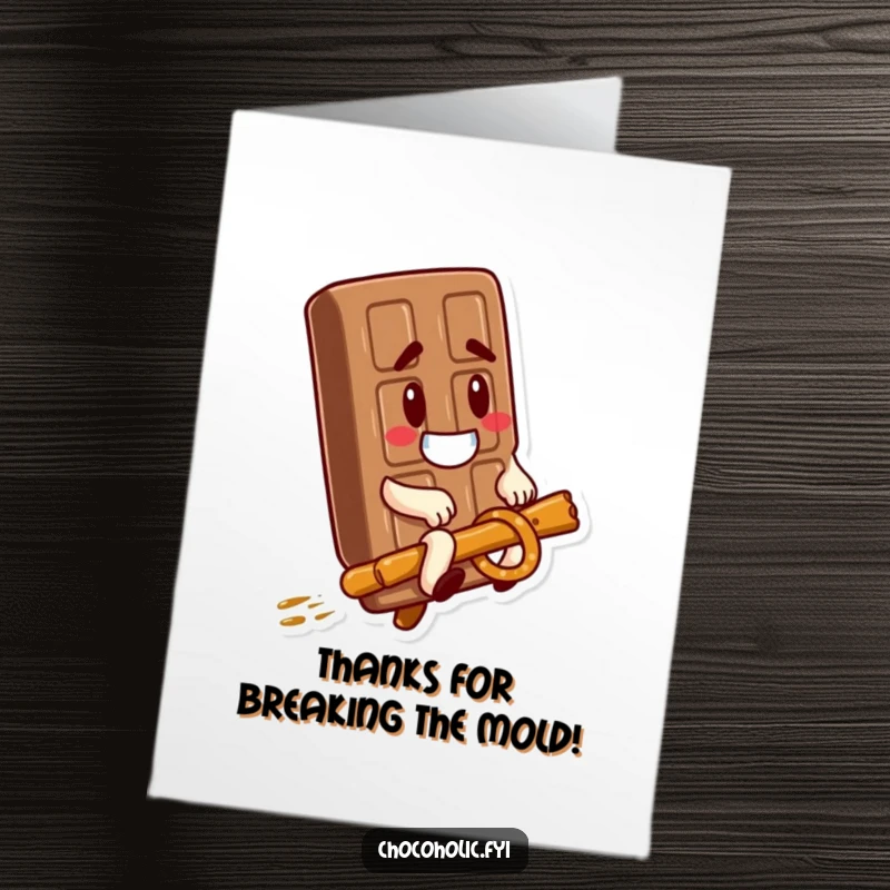 Funny Free Printable Thank You Card of a chocolate bar with a silly expression riding a pretzel stick.