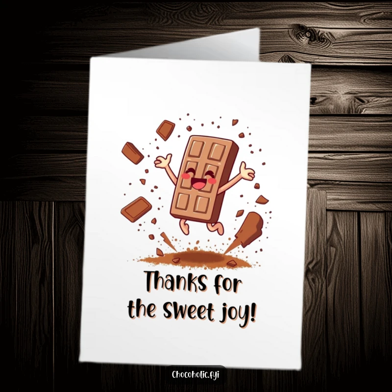 Funny Free Printable Thank You Card: Chocolate bar character leaping joyfully, scattering cocoa powder like confetti in thanks.