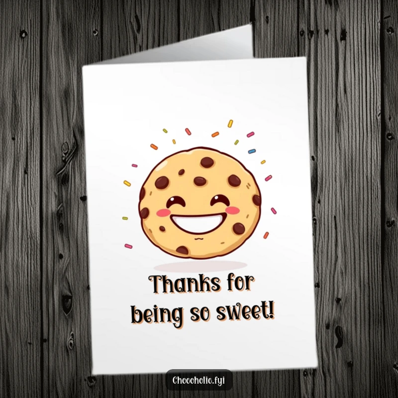 Funny Free Printable Thank You Card depicting a chocolate chip cookie with a wide grin juggling sprinkles, a sweet way to say thanks.