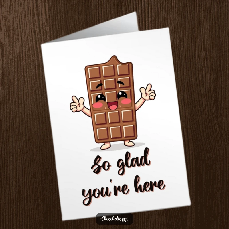 Funny free printable thank you card: a chocolate bar character striking a proud, enthusiastic pose, conveying gratitude with style.