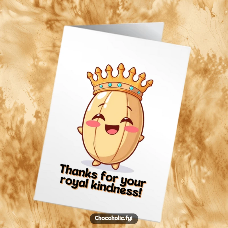 Funny Free Printable Thank You Card: Overjoyed cocoa bean wearing a crown, expressing heartfelt gratitude with a bubbly personality.