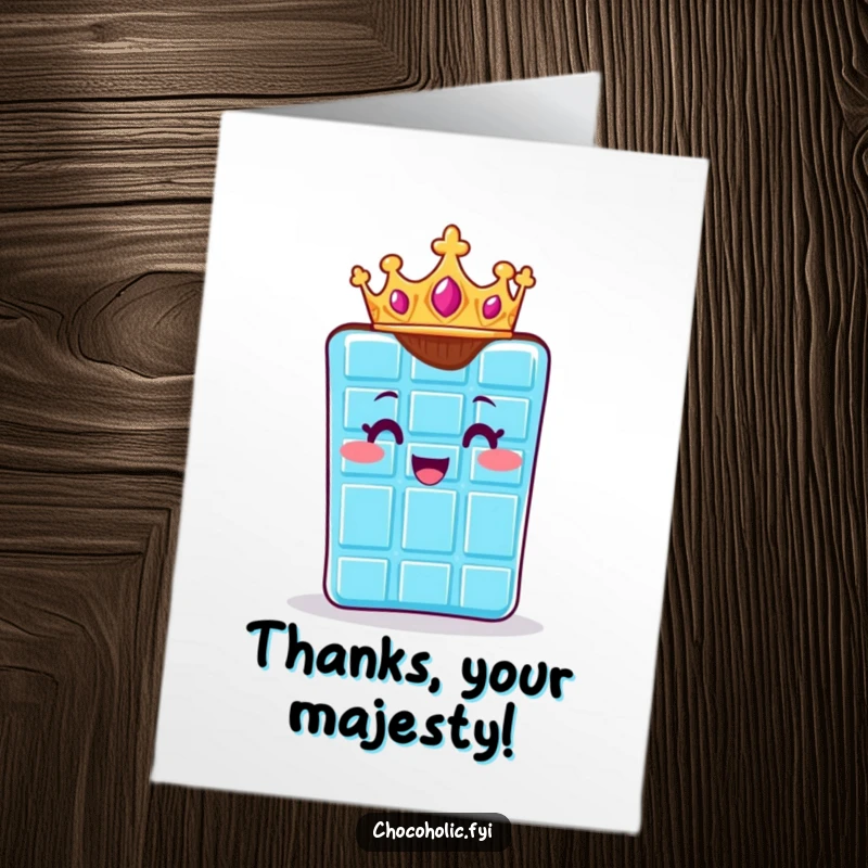 Funny Free Printable Thank You Card: Chocolate bar character wearing a miniature crown, with a look of delighted, regal charm.