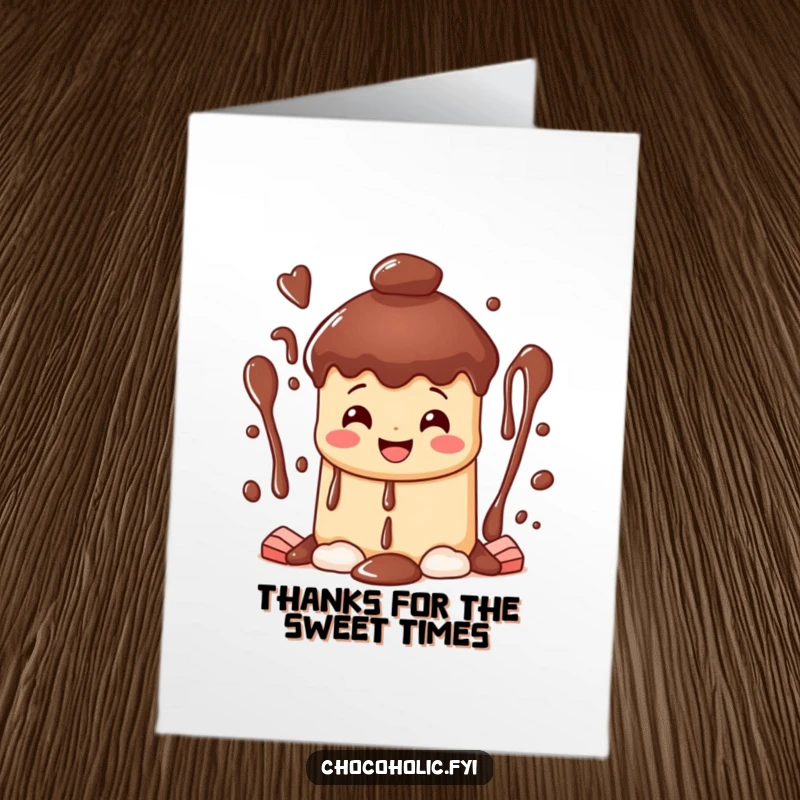 Funny free printable thank you card: a happy chocolate fountain character with a huge grin and sweet chocolate streams.