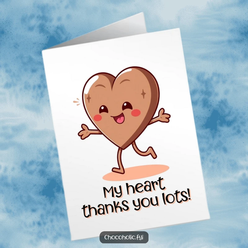 Funny Free Printable Thank You Card: A giddy chocolate heart character in a playful spin, conveying heartfelt thanks.