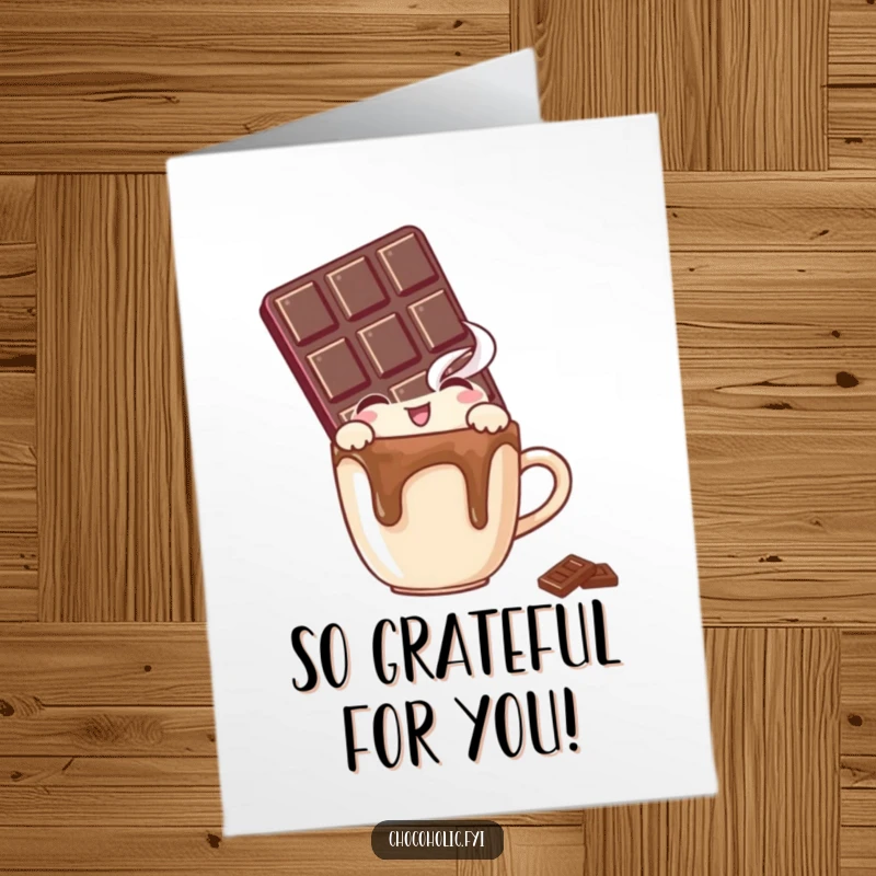 Funny Free Printable Thank You Card: Chocolate bar character peeking over a tiny mug, filled with delight and warmth.