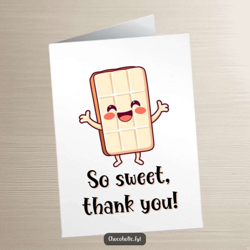 Funny Free Printable Thank You Card: A kawaii chocolate bar character dancing with a huge smile, expressing thanks with pure joy. Amusing and heartfelt.