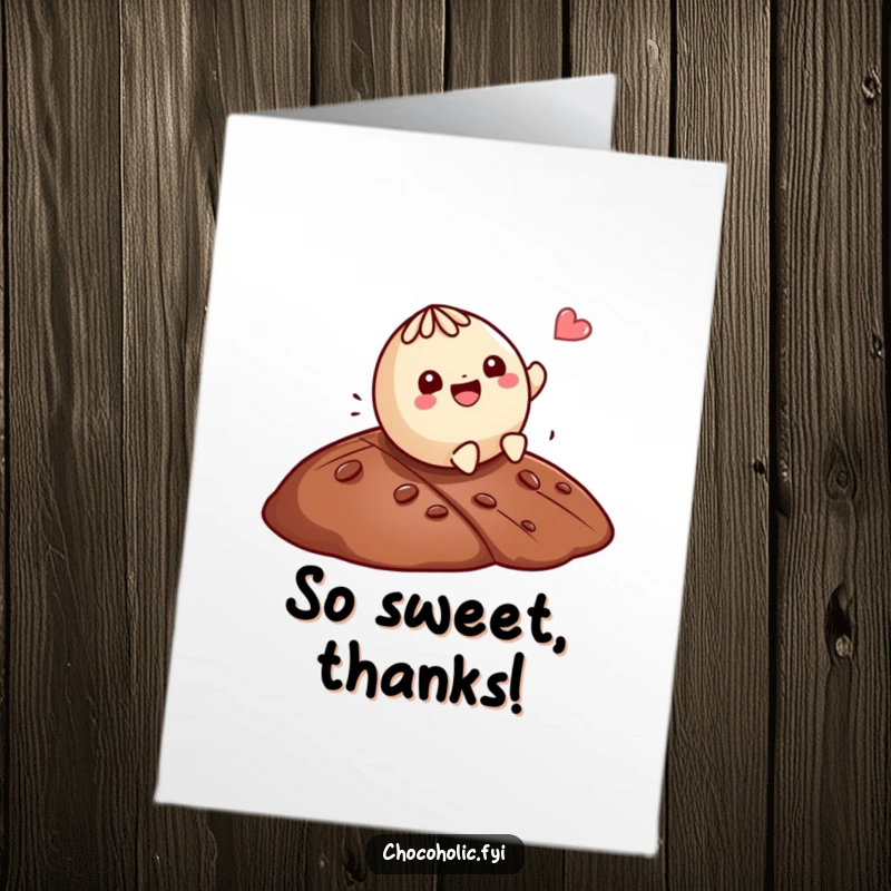 Funny Free Printable Thank You Card: Playful Kawaii truffle character rolls gleefully down a chocolate hill, sending sweet thanks.