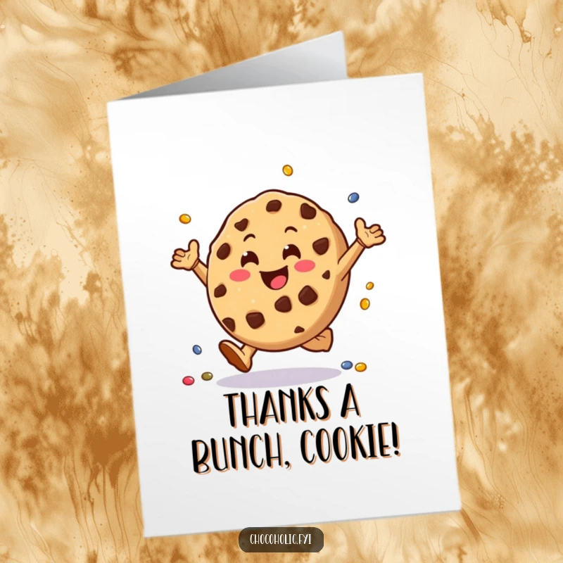 Funny free printable thank you card: a smiling chocolate chip cookie performing energetic cartwheels with candies.