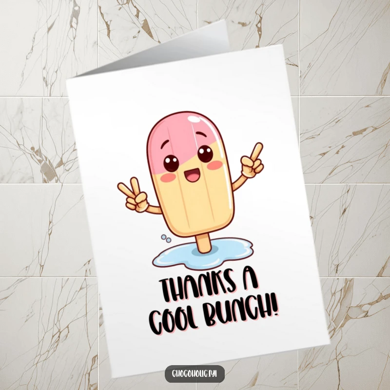 Funny Free Printable Kawaii popsicle character in a triumphant pose with a melting puddle, designed to express thanks humorously.