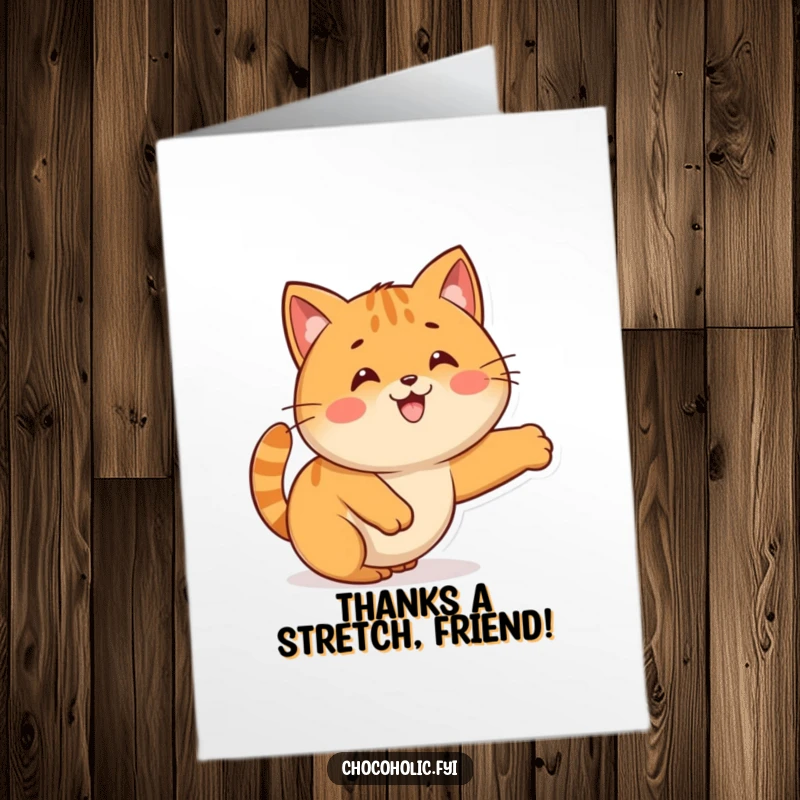 Funny Free Printable Kawaii caramel card featuring a cute character stretching like a cat, designed to express heartfelt thanks humorously.