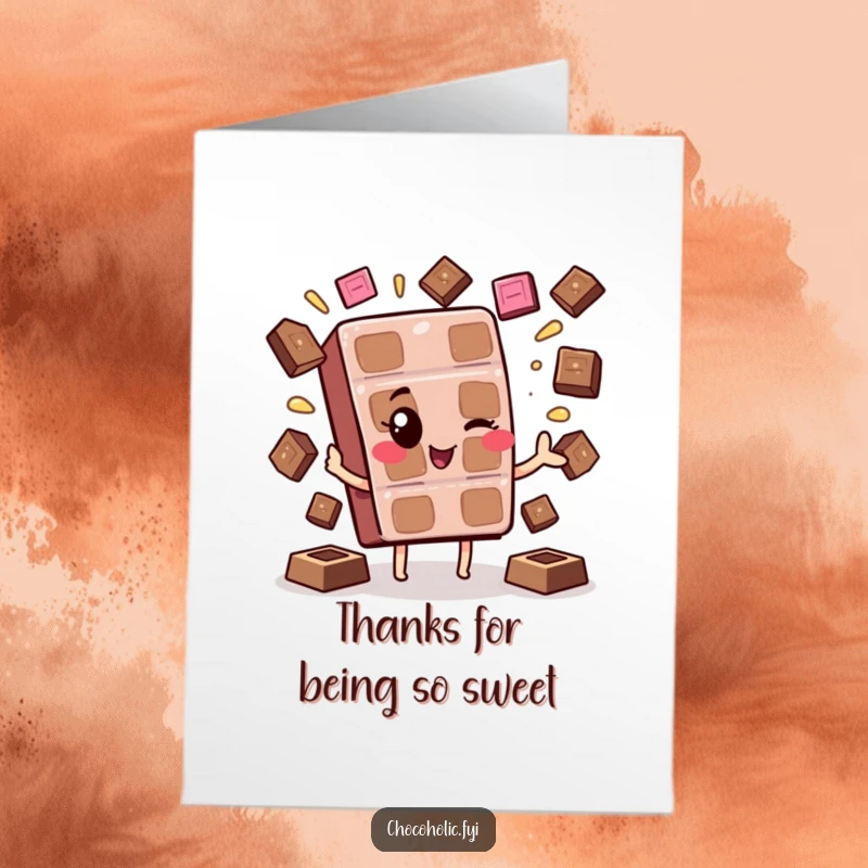Free Printable Thank You Card: A kawaii chocolate bar character winking while juggling melting chocolate squares with thanks.