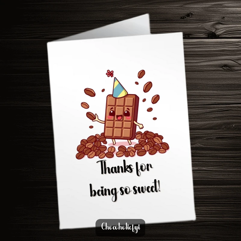 Funny Free Printable Thank You Card: A happy Kawaii chocolate bar in a party hat, juggling cocoa beans to say thanks with a twist.