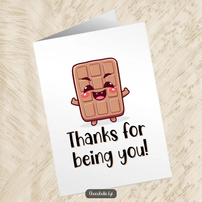Funny Free Printable thank you card of a chocolate bar character making a funny crossed-eyed expression.