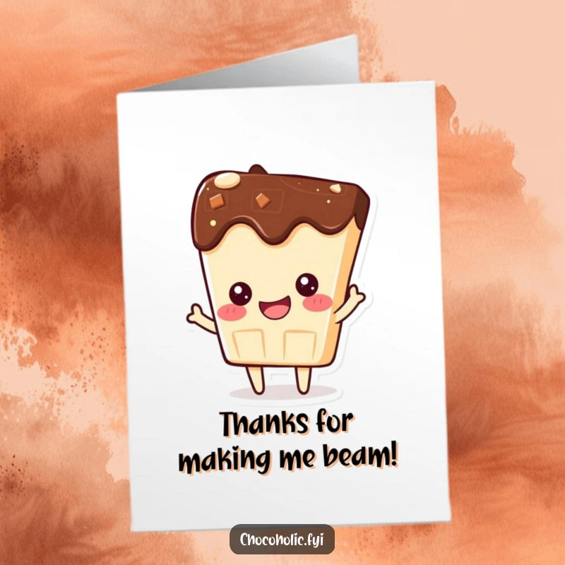 Funny Free Printable Thank You Card: Kawaii chocolate bar character beaming with pride, expressing heartfelt thanks.