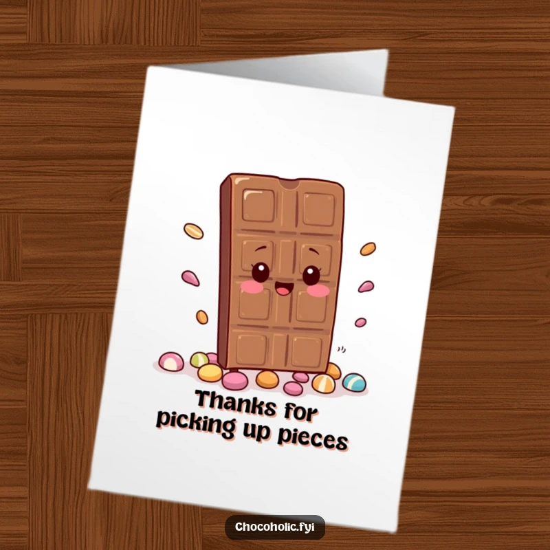 Funny Free Printable Thank You Card: A kawaii chocolate bar trips, scattering candies, with a grateful, apologetic expression.