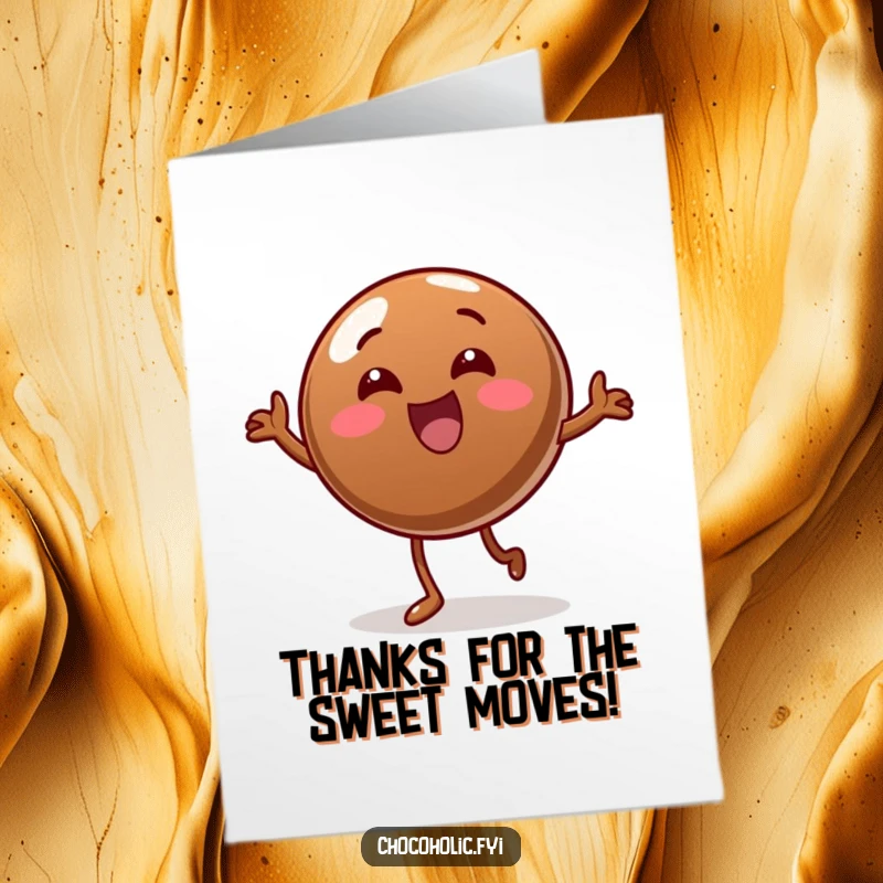 Funny Free Printable Thank You Card of a round chocolate candy performing a comical, unsteady wobble dance.