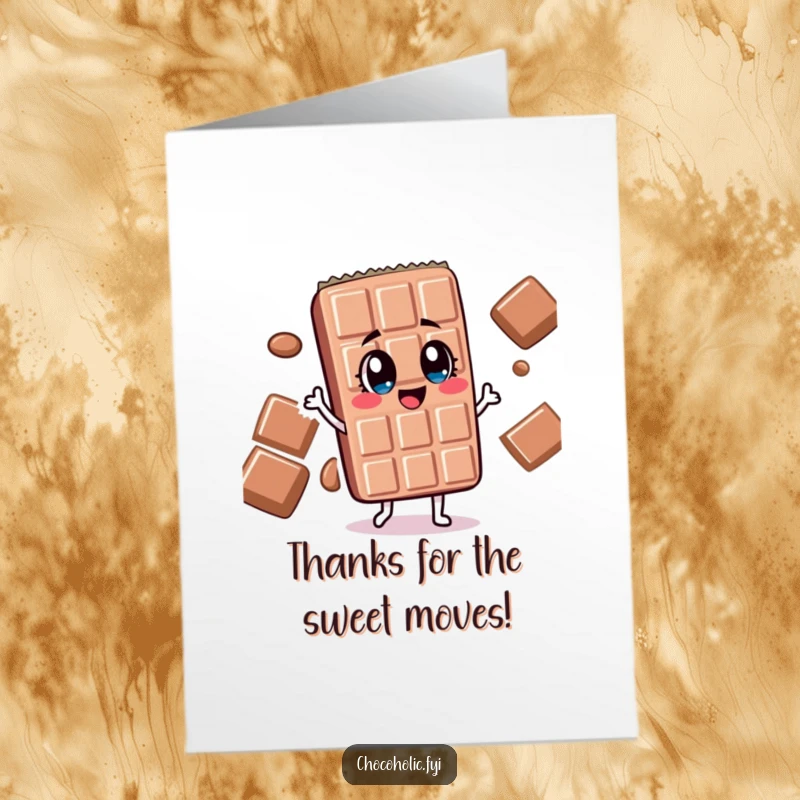 Funny Free Printable Thank You Card: Chocolate bar character with wide, delighted eyes doing a silly dance of thanks.