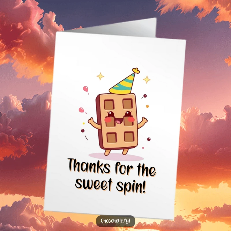 Funny Free Printable Thank You Card: Chocolate bar character wearing a party hat, spinning around gleefully with thanks.