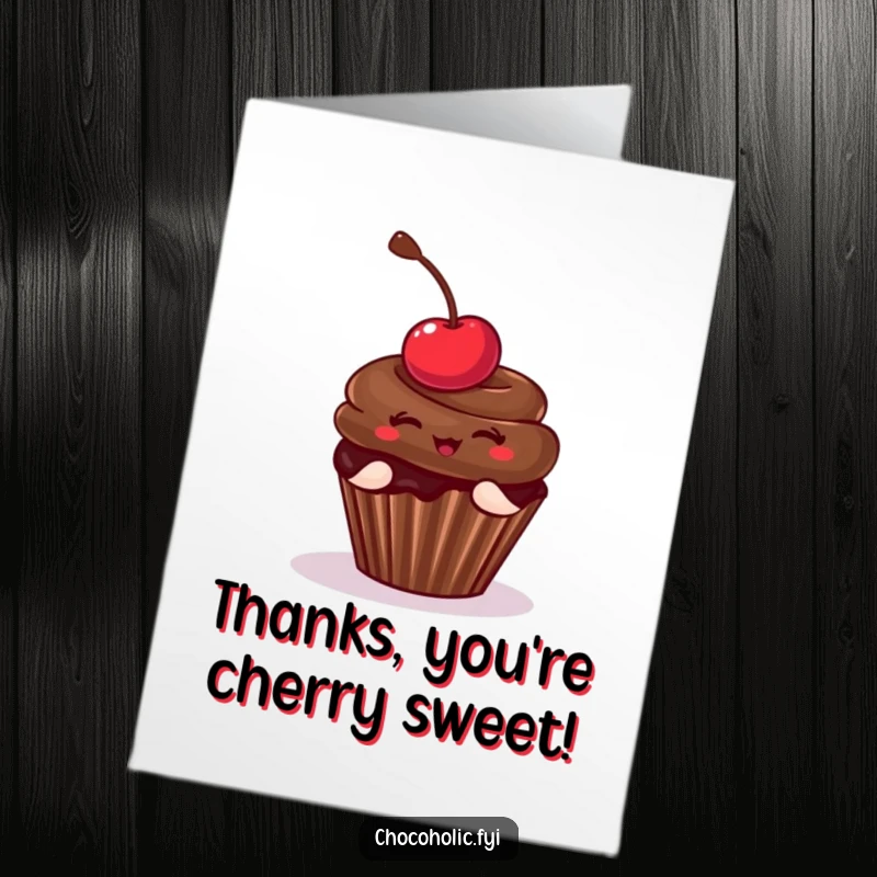 Funny Free Printable Thank You Card featuring a chocolate cupcake with a cherry doing a playful pose, a sweet way to say thanks.