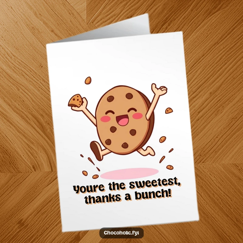 Funny Free Printable Thank You Card: A kawaii cookie character leaping with joy, scattering crumbs as a sweet thank you.