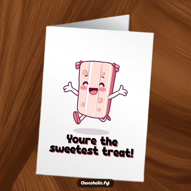 Funny Free Printable Thank You Card: A kawaii candy bar character joyfully skipping, arms wide, conveying sweet thanks in a fun way.