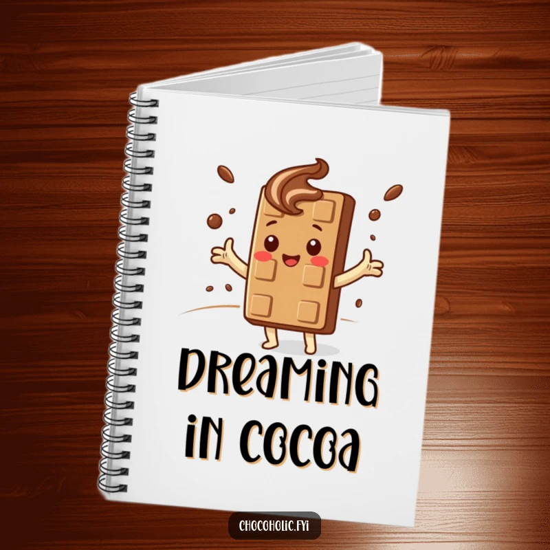 Funny Notebook: Kawaii chocolate bar character embraces a swirling cocoa cloud, ideal for capturing sweet thoughts and ideas.