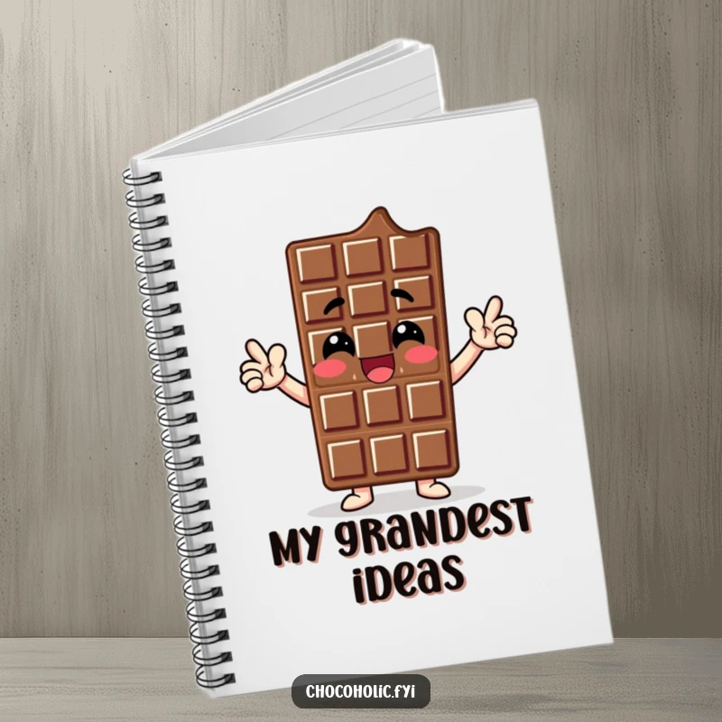 Funny notebook cover featuring a chocolate bar character striking a proud, enthusiastic pose, designed for capturing bold ideas.