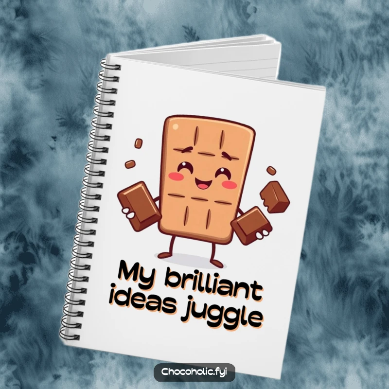 Funny notebook cover featuring a chocolate bar character in a skillful juggling act with three chocolates, emphasizing precision and coordination.