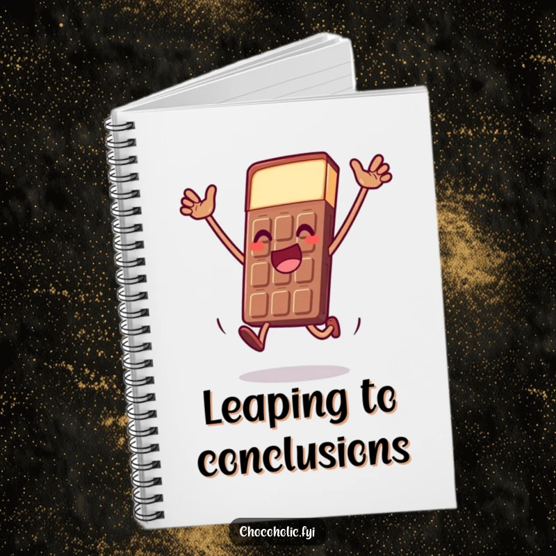 Funny chocolate bar notebook with a character doing a dramatic, joyful leap, perfect for jotting down grand ideas.