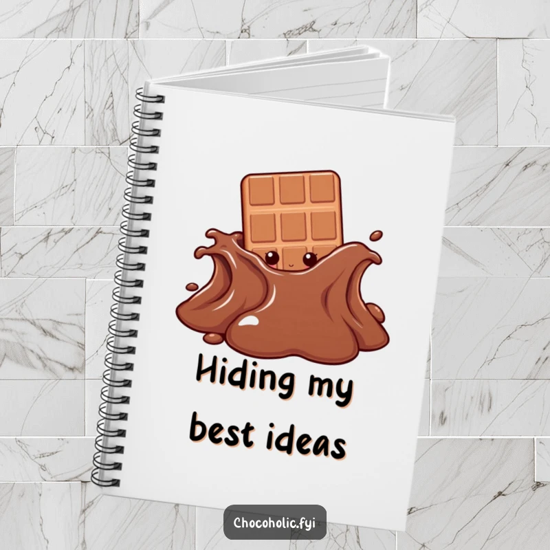 Funny notebook cover featuring a chocolate bar character peeking from behind a melting chocolate puddle, designed for capturing sweet secrets.